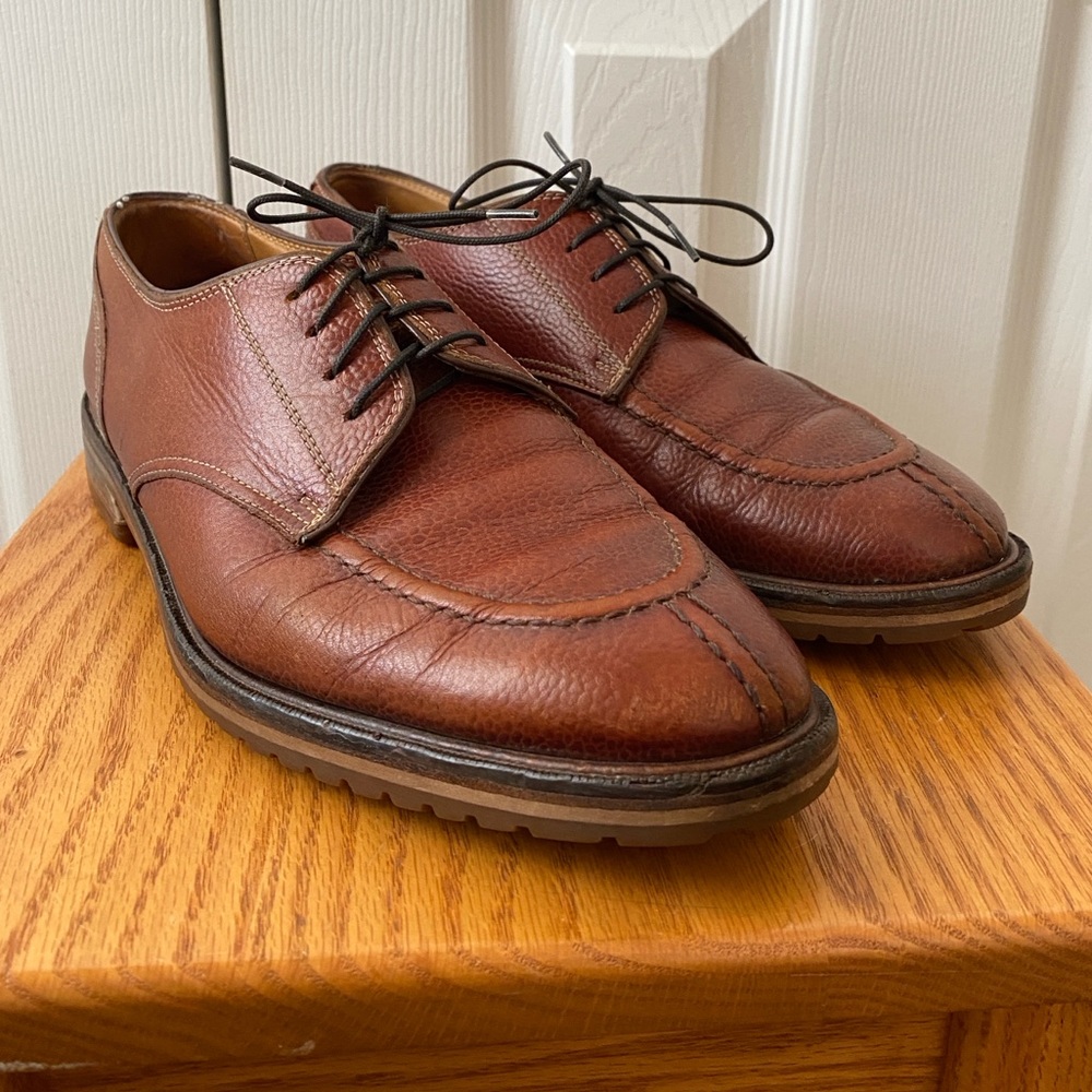 VINTAGE Zelli Cognac Pebbled Leather Moustache Clipper Split Apron Toe Derby 10M